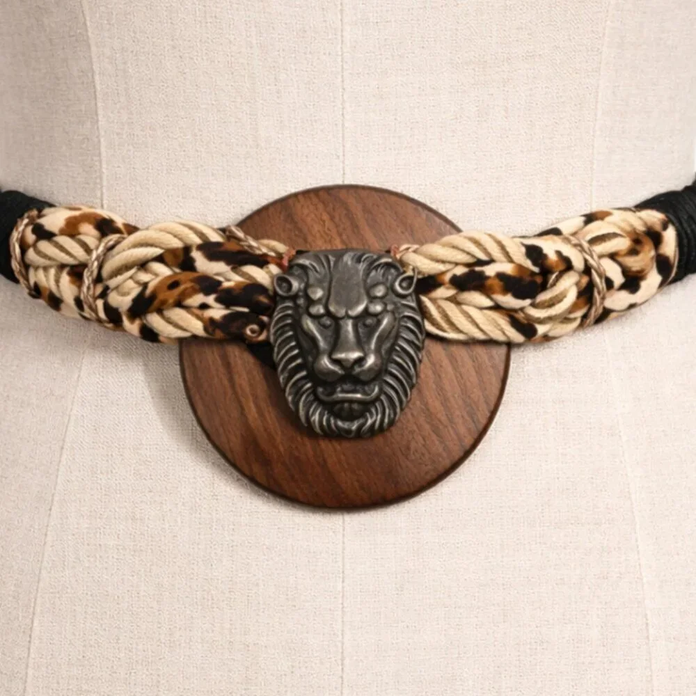 Vintage 80's statement belt lion head jungle braided stretchy one size